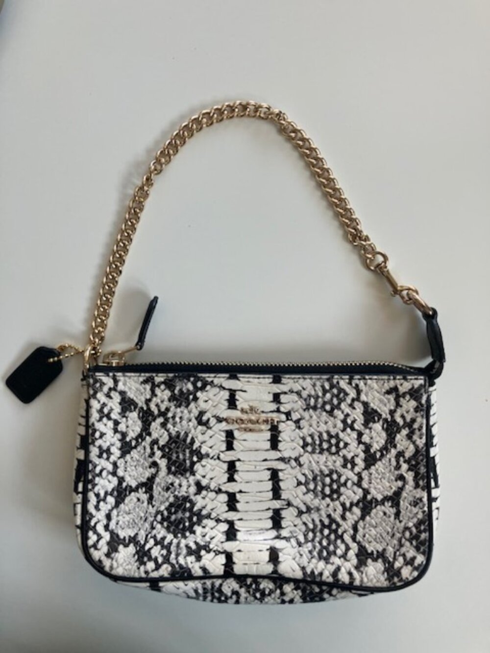 Coach Nolita Black/White Snake Print Bag with Gold Chain Strap